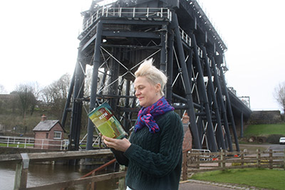 Poet Jo Bell performs at Anderton Boat Lift for Weaver Words Literature Festival. Photo: Lynn Pegler.